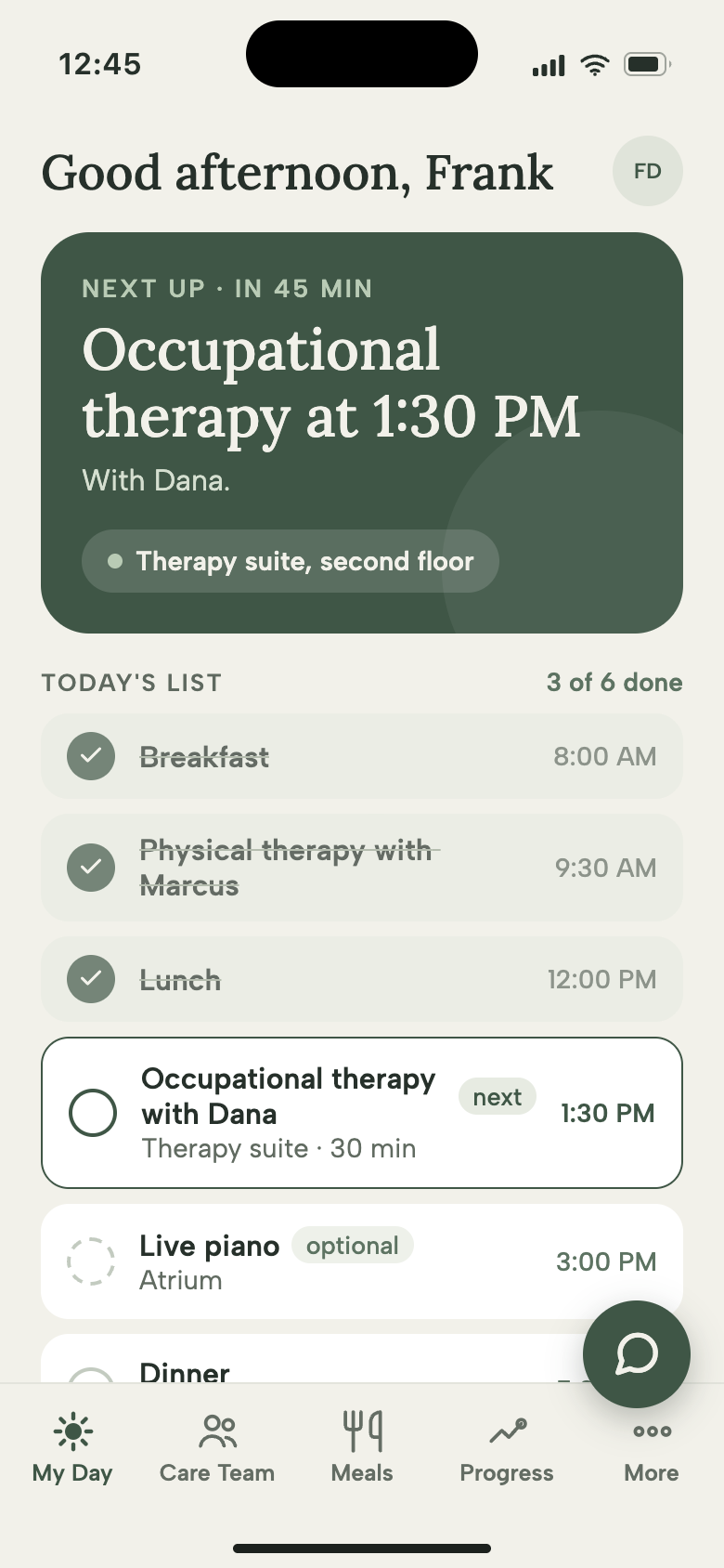 June Care home screen showing a resident's schedule for the day, with completed and upcoming items